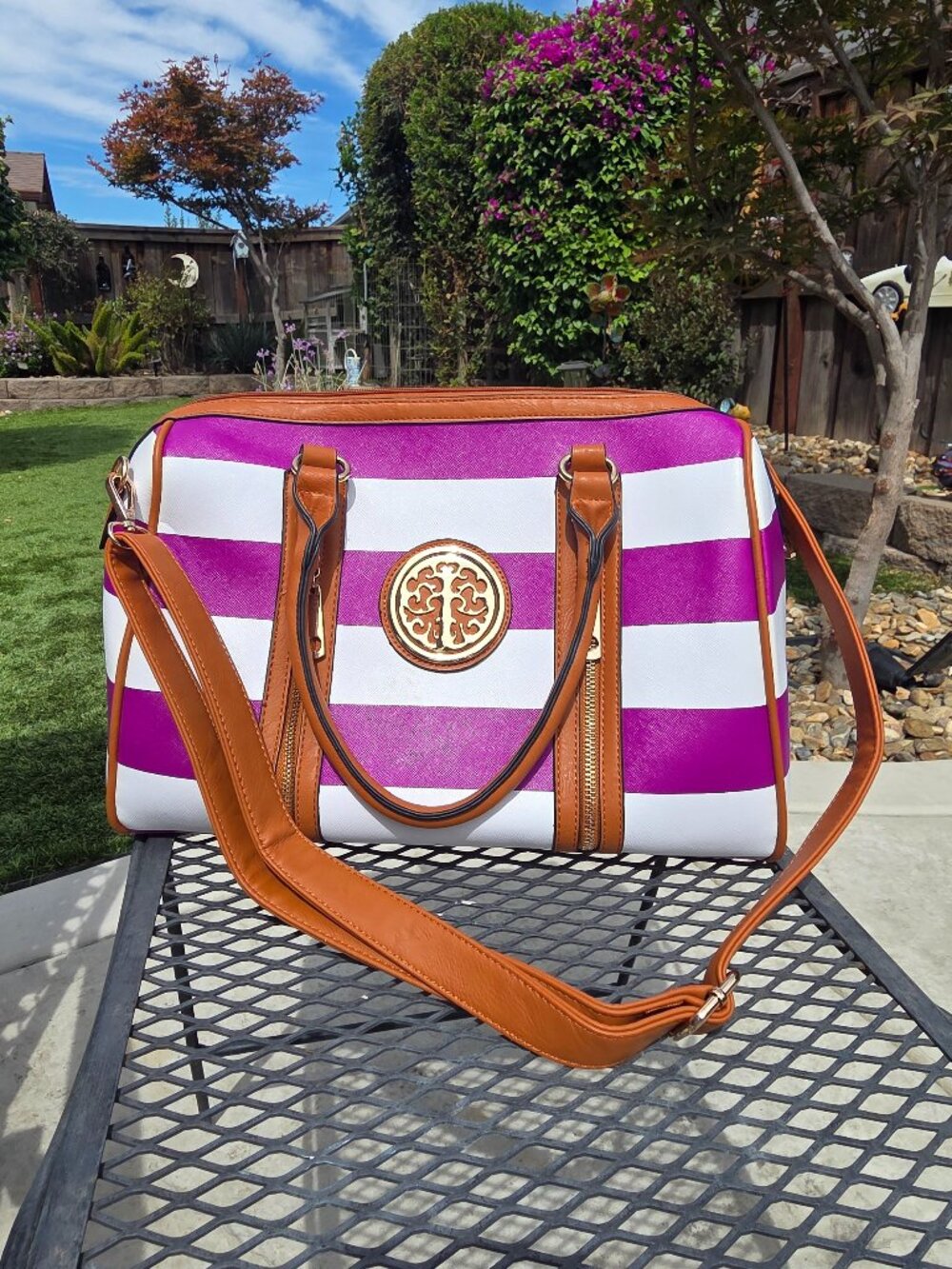 Mia K Farrow (MKF) Vegan Leather Purple, White & Tan Bag